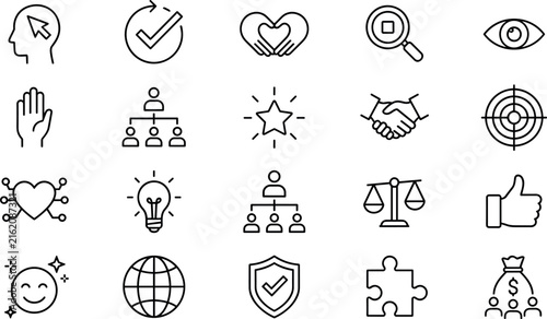 Corporate business values and ethics line icons set representing teamwork strategy partnership compliance goals and justice
