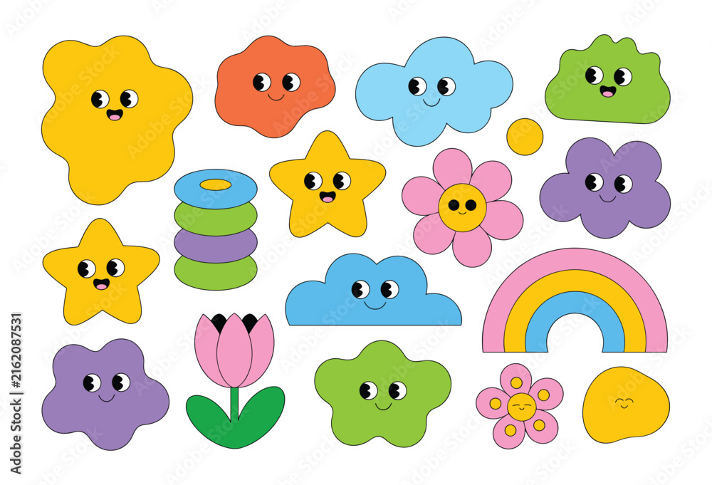 Fototapeta premium Groovy Characters Set: A vibrant collection of retro-inspired cartoon elements, featuring cheerful stars, playful clouds, charming flowers, and abstract shapes with cute, smiling faces.