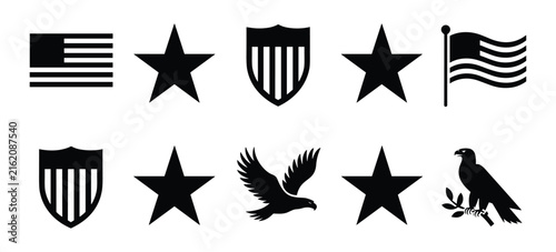 Bild auf Leinwand Patriotic Symbols Collection: A compilation of American patriotic symbols including the flag, stars, shield, and eagle, representing freedom and national pride