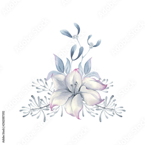 Watercolor composition of a white flower with blue foliage and a branch of an evergreen plant.