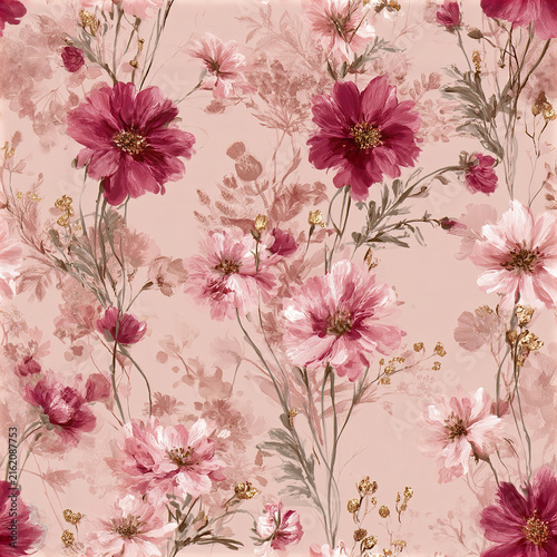 Dreamy ditsy floral seamless pattern with abundant magenta and pink flowers on soft beige background