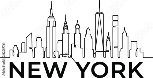 New York city skyline line art vector illustration featuring NYC landmarks skyscrapers continuous line drawing for travel logo