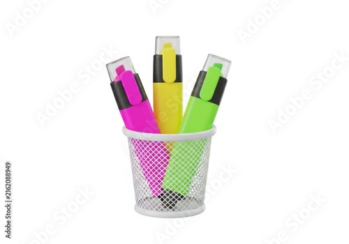 Three colorful highlighter markers in a white mesh pencil holder