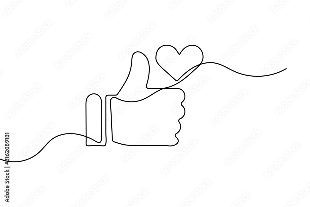 Obraz premium Hand thumbs up gesture isolated continuous line drawing on white background