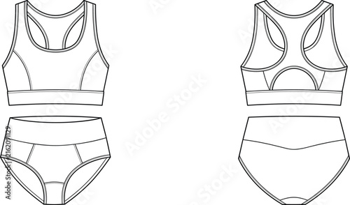 Bild auf Leinwand Technical flat sketch of a women athletic lingerie set featuring a racerback sports bra and high waist briefs