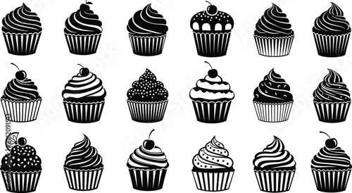 Detailed Cupcake Silhouette Icon Set with Various Frosting Styles and Toppings, Black Dessert Vector Collection for Bakery, Cafe Menu and Sweet Food Design
