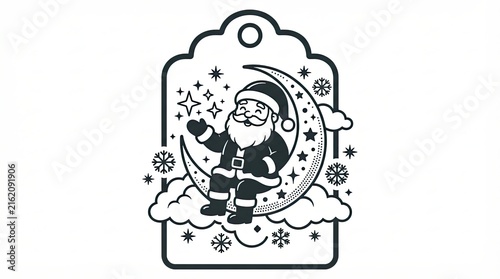 Santa claus sitting on a crescent moon inside a decorative holiday tag