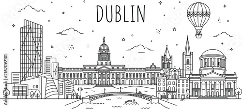 Dublin ireland city skyline panorama with custom house four courts st patricks cathedral ha penny bridge and balloon vector