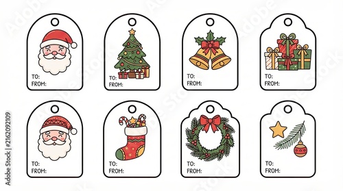 Set of cute christmas gift tags with festive holiday icons and drawings