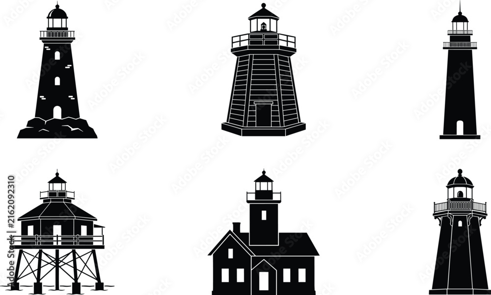 Obraz premium Lighthouse silhouette icon set featuring traditional stone tower, wooden deck lighthouse, tall narrow balcony design, stilted structure, house‑attached lighthouse, and ornate railing base illustration