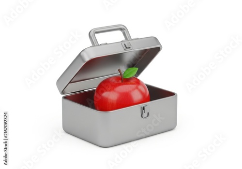 Red apple in an open silver metal lunchbox on white background