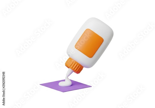 Glue bottle pouring liquid adhesive onto paper in 3d style