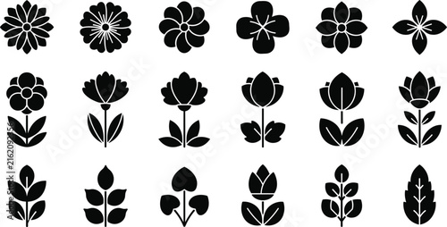 Floral Silhouette Icon Set with Various Flower Shapes and Botanical Elements, Minimal Black Vector Collection for Nature, Decoration and Pattern Design