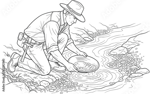 Bild auf Leinwand Gold Panning Prospector Searching for Precious Minerals in River Line Art Vector