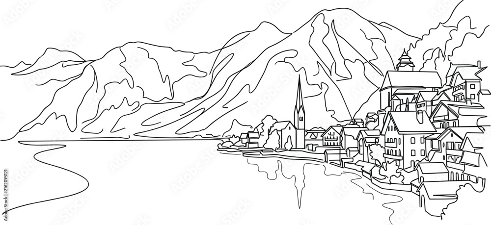 Fototapeta premium Hallstatt Austria One Line Drawing with Alpine Village and Mountain Landscape Outline Illustration