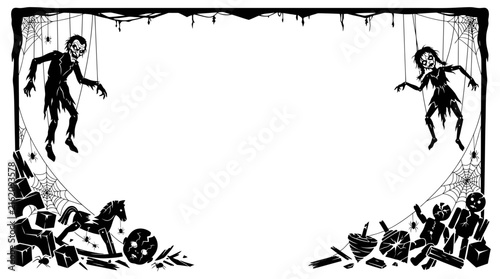 Bild auf Leinwand Halloween border Vintage Halloween Border with Hanging Zombie and Skeleton Figur