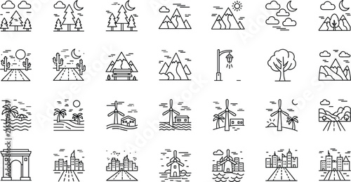 Landscape Line Icon Set with Mountains, Forest, Desert, Sea and City Scenes, Minimal Nature and Travel Outline Illustration Collection