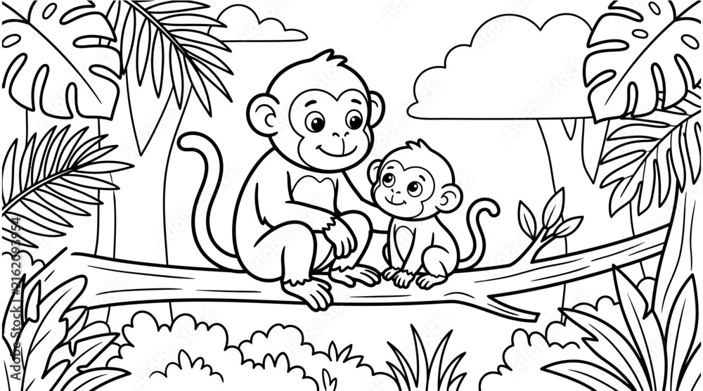 Fototapeta premium Cute Monkey Family in the Jungle – Adorable Parent and Baby Monkey Coloring Page