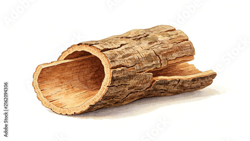 Tree bark hollow log, watercolor hand drawn illustration isolated on white