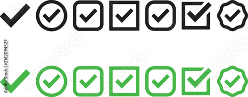 Selection of check mark icons in circles squares and badges isolated on a clear background for web.