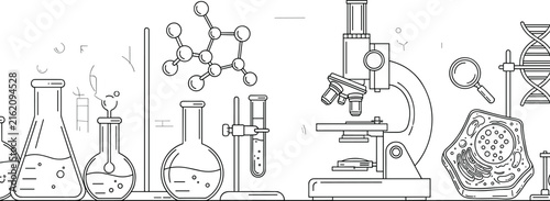 Science Laboratory Line Illustration with Microscope, Test Tubes, Flasks and Molecular Structure, Minimal Outline Vector for Research, Chemistry and Biology Design