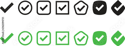 Various check mark shapes in different geometric frames like pentagon and diamond for modern design.