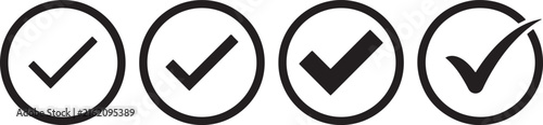 Check mark icons in circles set with black tick symbols on transparent background for verified task.
