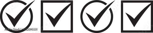 Set of black check mark icons inside circles and squares isolated on transparent background vector.