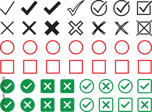 Red check marks and cross signs collection for checkboxes web design elements on transparent canvas.