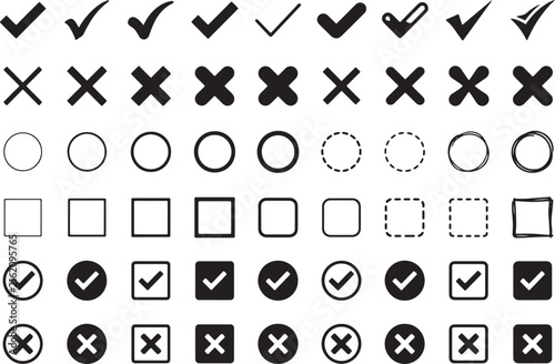 Black check marks and cross symbols for survey and checkbox ui elements on transparent backdrop set.