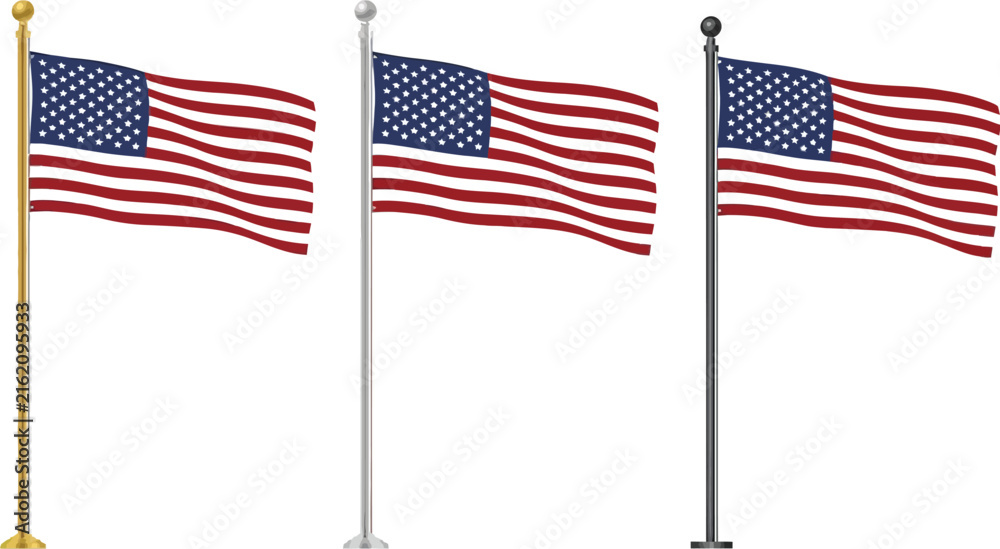 Fototapeta premium Three american flags waving on gold silver and black poles representing pride and national celebration day