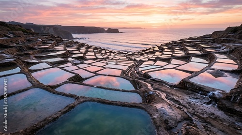 Stunning Landscape of Coastal Salt Evaporation Ponds on Cliffs During a Vibrant Pink Sunset with Ocean Horizon View