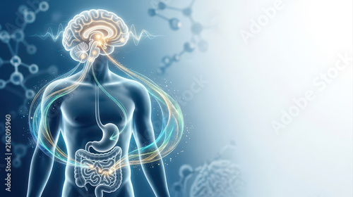 Glp 1 weight management brain digestive system human anatomy metabolism medical science supports weight management through glp 1 activity linking brain and digestive system with glowing anatomy