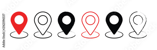 Fotografía Red and black location map pin icons set with line art and filled pointers standing on circular bases for navigation layout design