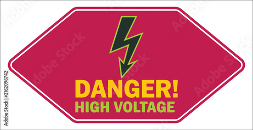 High-voltage warning vector icon featuring electrical danger symbol, lightning bolt, red hexagon, power hazard, electrical safety and industrial warning signage.