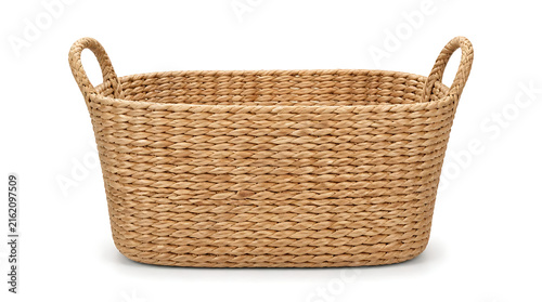 Empty rectangular woven wicker storage basket with sturdy handles isolated on white background for home organization laundry hamper and rustic interior design decoration.