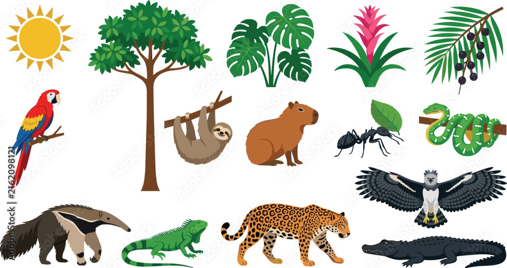 Naklejka premium Tropical Rainforest Wildlife and Botanical Collection with Parrot, Sloth, Capybara, Jaguar, Crocodile, Anteater, Iguana, Snake, and Plants