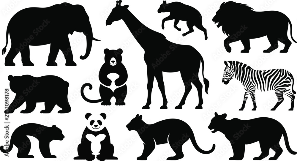 Naklejka premium Set of various wild animal silhouettes including elephant, giraffe, lion, zebra, and bear