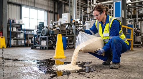 Female worker pouring absorbent granules onto a chemical spill on factory floor