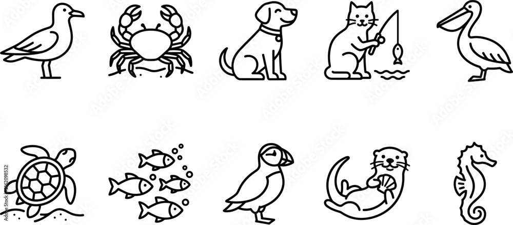 Obraz premium Coastal wildlife and pet vector icon set featuring seagull crab dog cat fishing pelican turtle fish puffin otter seahorse outline lineart