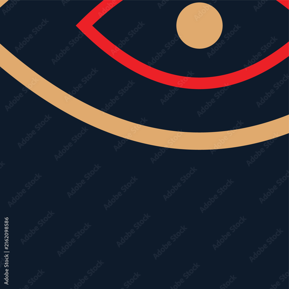 Obraz premium Abstract geometric eye pattern with red and gold lines on a dark blue background.