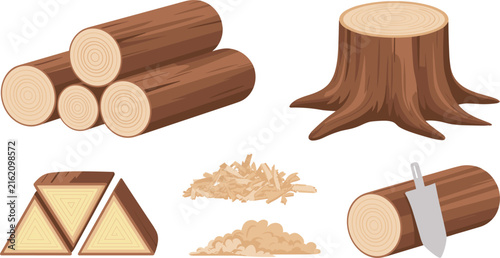 Wood Materials and Forestry Vector Set with Timber Logs Tree Stump Chopped Firewood Sawdust and Cleaver Axe for Lumberjack Industry Designs