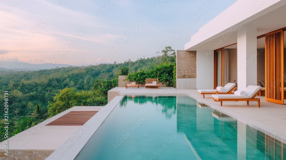 Fototapeta premium Modern villa with infinity pool overlooking lush green hills and forest, featuring lounge chairs and serene outdoor ambiance.