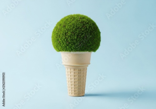 Green moss scoop in waffle cone on blue background