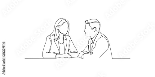 Continuous one line drawing of a business man and woman talking at a desk
