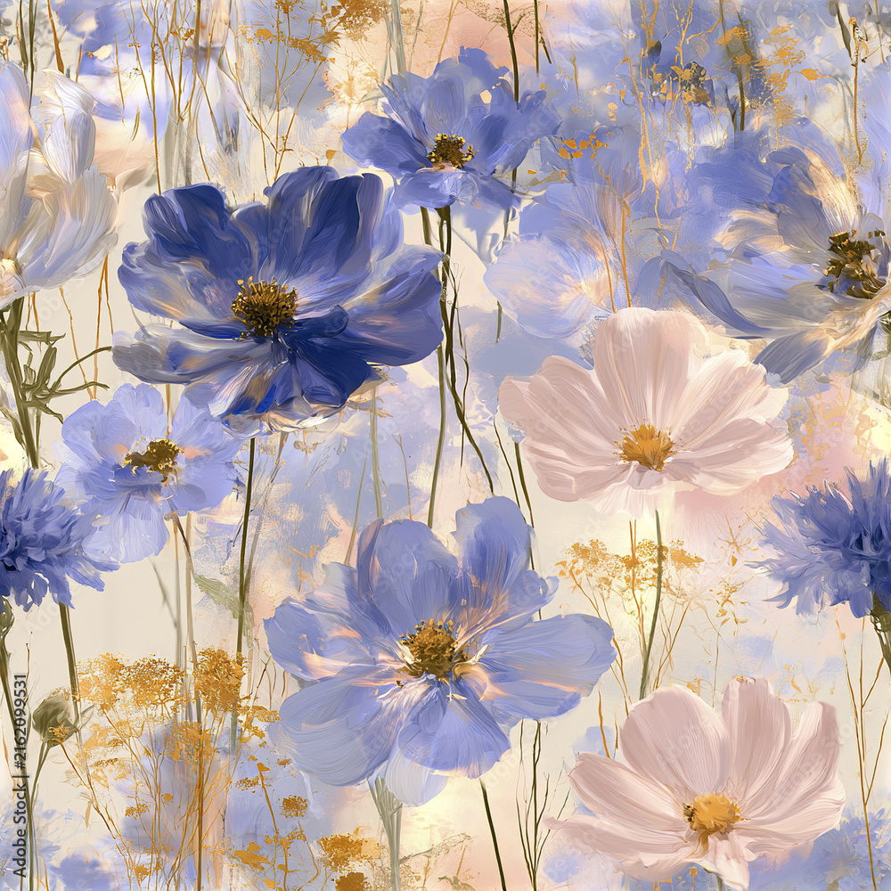 Obraz premium Elegant summer flower seamless pattern with luminous blue and soft pink petals creating delicate and calming floral design