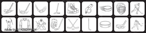 Photography Set of black and white ice hockey icons including equipment players and game elements