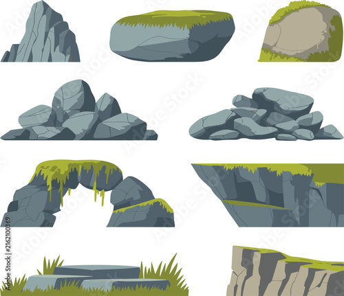 Natural Rocks and Mossy Boulder Vector Collection Featuring Mountain Clifftops, Stone Arch, Pile of Pebbles, and Rocky Platform Elements for Landscape Designs