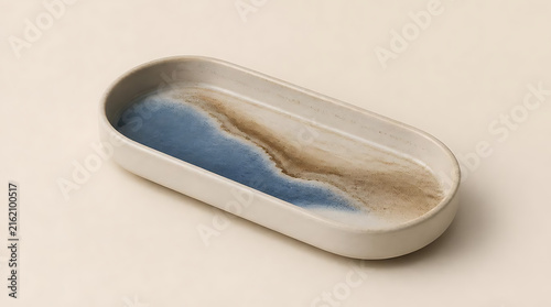 Elegant Handmade Oval Ceramic Tray Featuring an Abstract Ocean Beach Landscape Glaze Design with Blue Waves and Sandy Tones for Minimalist Home Decor and Jewelry Storage