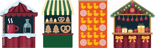 Traditional European Christmas Market Stalls Vector Element Set Featuring Winter Holiday Food Booths, Bakery Kiosks, Gift Shops, and Fair Carnival Duck Shooting Games